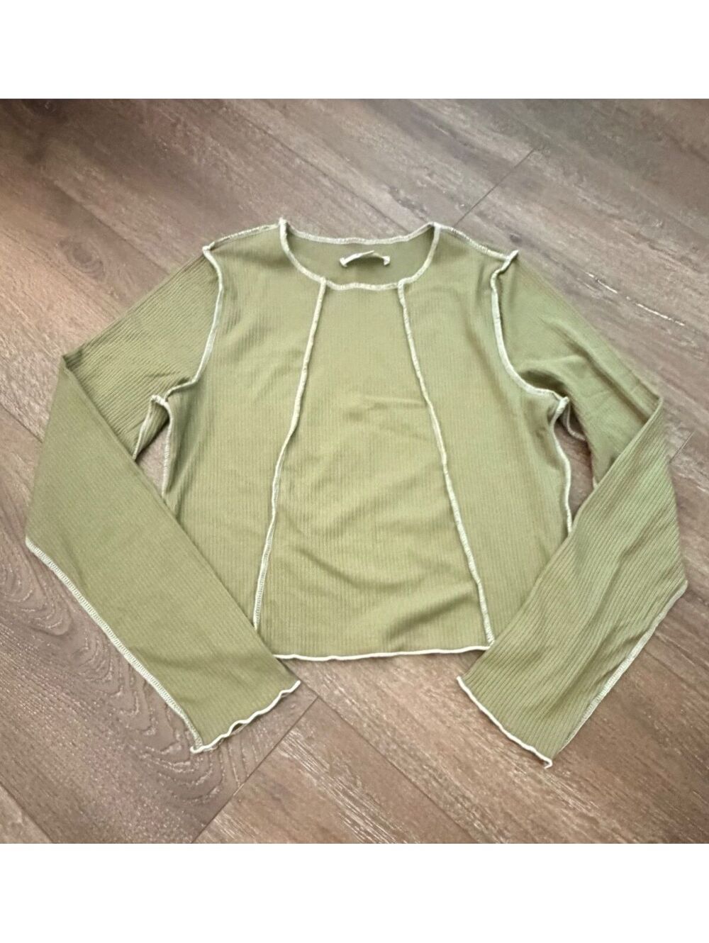 Gaze Olive Ribbed Exposed Seam Long Sleeve Top Size Large Boho Casual Y2K